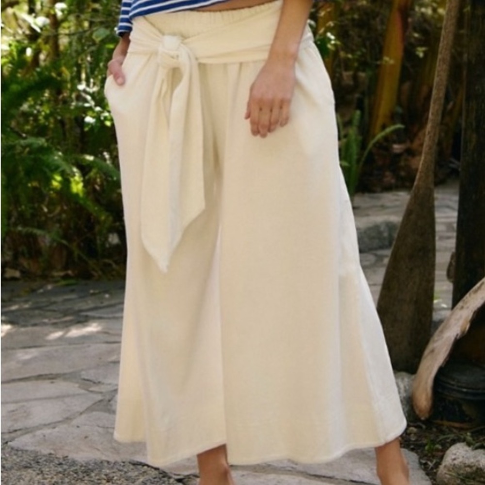 Free People Cream Wide-Leg Pants with Tie Waist